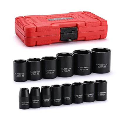 CASOMAN 14 Pieces 1/2-Inch Drive Shallow Impact Socket Set, Metric, 6-Point, 11mm to 32mm - size: 11mm-32mm, Shallow