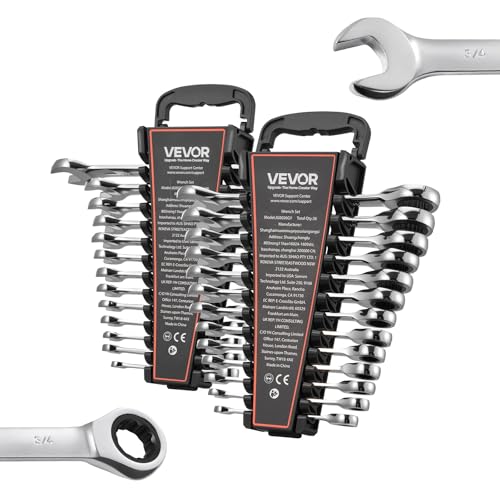 VEVOR Combination Wrench Set, 26-Piece SAE and Metric, 72 Teeth, Cr-V Steel Ratcheting Wrench Set, with Rack Organizer, Open End, Clear Size Labels, for General Household, Automotive Repairs, Silver - size: 26PCS