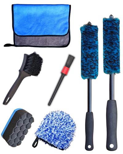 oesee 7PCS Car Wheel Rims Detail Cleaning PRO Wash Kit, Wheel Wash Mitt, Tire Brush, 2PCS Soft Wheels Brush, Detailing Brush, and Tire Dressing Pads, Microfiber Dry Towel Scratch-Free Cleaning - color: Blue/Black, size: 7-Pack