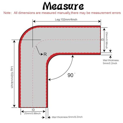 90 Degree Elbow 1 inch(25mm) Silicone Coupler Hose 4-Ply - size: ID 1"