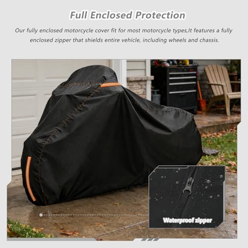 Full Enclosed Motorcycle Cover Waterproof,Heavy Duty 600D Oxford Outdoor Indoor Motorcycle Full Cover with All-Round Enclosed Zipper and Reflective Strips,Fits Most Heavy Duty Scooter Moped Motorcycle - size: 96" W x 43" D x 56" H
