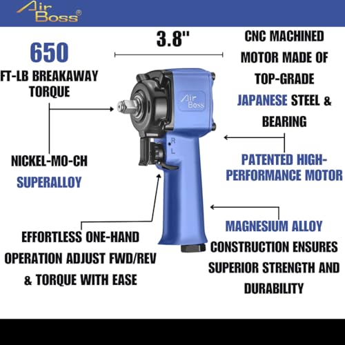 Airboss AW-90J 1/2" Stubby Air Impact Wrench, 600 ft-lbs Breakaway Torque, Jumbo Hammer, Magnesium Alloy, High Torque Compact 1/2 Impact Wrench for Lug Nuts, Tire Service, Tight Spaces & Auto Shop - size: 600 FT LB