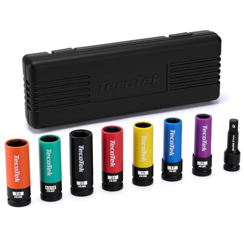 TecoTek 8PCS 1/2" Drive Lug Nut Socket Set, Metric 15 17 19 21 22 MM & SAE 13/16 7/8 in. Wheel Socket Set, Lug Nut Removal Tool, Thin Wall Lug Nut Sockets with Colored Protective Covers