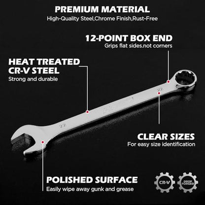 15-Piece Metric Combination Wrench Set, 8–22mm 12-Point Open End and Box End Wrench Kit with Organizer, Chrome Vanadium Steel Tools for Mechanics, Garages and Workshops - style: 15-Piece Combination (Metric)