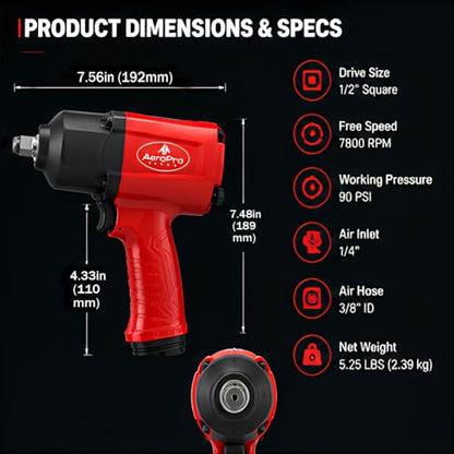 AEROPRO TOOLS 1/2-Inch Aluminum Air Impact Wrench(A398) - style: 1380 ft-lbs | Aluminum Housing