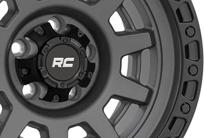 Rough Country 85 Series 17x9 Wheel - 5x4.5" Bolt Pattern, 12mm Offset, Gunmetal Gray with Black Simulated Beadlock, One-Piece Aluminum Off-Road Wheel