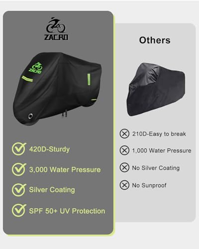 Zacro 420D Heavy Duty Motorcycle Cover, Waterproof Outdoor All Weather UV Dust Snow Proof, Universal Fit for Harley Honda Yamaha Suzuki Scooter Dirt Bike