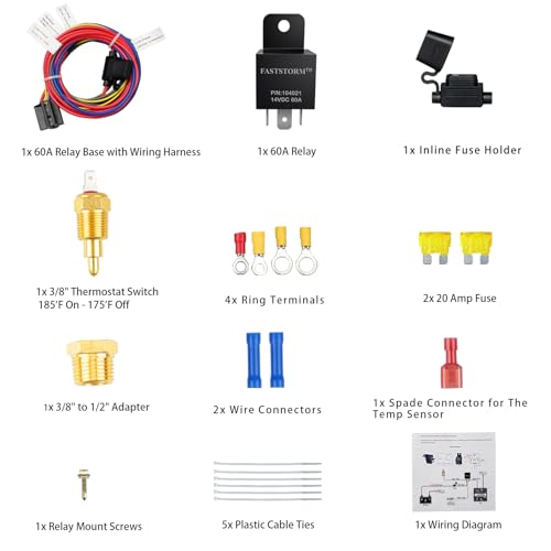 Electric Fan Relay Kit 12V 60 AMP Electric Radiator Cooling Waterproof Fan Relay Kit with Thermostat Control Switch 185 On 175 Off Upgrade - style: Single Fan 185 On 175 Off