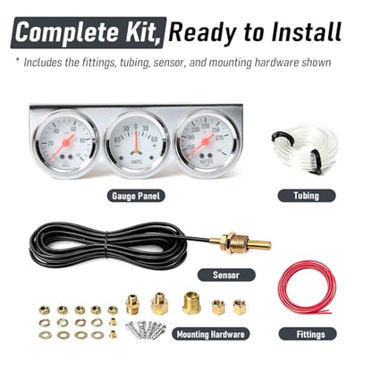 2" 52mm Triple Gauge Set, 3-in-1 Gauge Kit with Oil Pressure, Water Temperature & AMP Gauges, Backlit Dial, Universal for Most 12V Vehicles - style: Oil Press.+Ammeter+Water Temp.