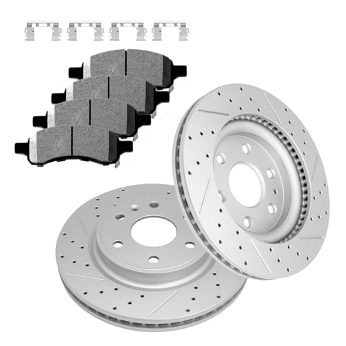 Front Drilled & Slotted Disc Brake Rotors and Ceramic Brake Pads kit for 2007-2017 GMC Acadia, 2009-2017 Chevrolet Traverse, Buick Enclave, Saturn Outlook