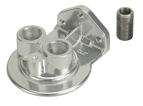 Derale Oil Filter Mount, Ports Up, 1/2 in NPT Female Ports, 3/4-16 in Center Thread, Aluminum, Polished, Universal, Each