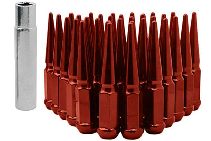 (20) 12x1.5 Red Tall 4.5" Solid Spike Lug Nuts with Locking Socket Key | Fits Ford Lincoln 1991-2011 Ranger Aviator