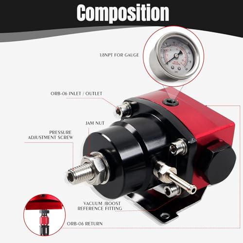 EFI Fuel Pressure Regulator Kit 30-70psi with Gauge 6AN Fuel Line Fitting Universal Adjustable Aluminum (Black+Red) - color: black+red