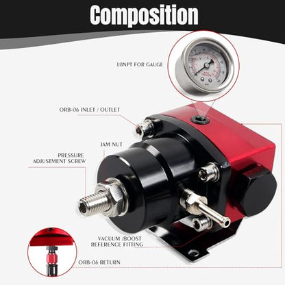 EFI Fuel Pressure Regulator Kit 30-70psi with Gauge 6AN Fuel Line Fitting Universal Adjustable Aluminum (Black+Red) - color: black+red