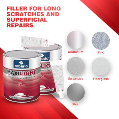 Roberlo Maxilight Superior Lightweight Body Filler - Repair for All Lengths Dents & Scratches, Perfect on Aluminum, Steel, Zinc, Galvanized & Fiberglass - Finish Putty, Smooth Finish - 3L + Hardener - size: 3 Liter (Pack of 2)
