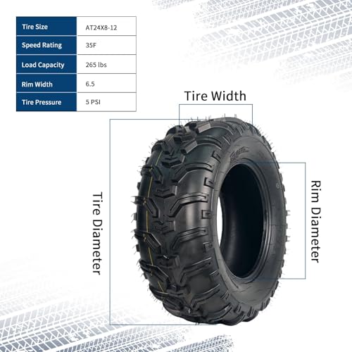 Heavy Duty 6-Ply 24x8x12 ATV/UTV All Terrain Tire Set, Tubeless, 2-Pack – Superior Grip on Mud, Snow, Trail, Dirt & Sand – Fits Quad, Golf Cart – Durable, Puncture-Resistant Replacement