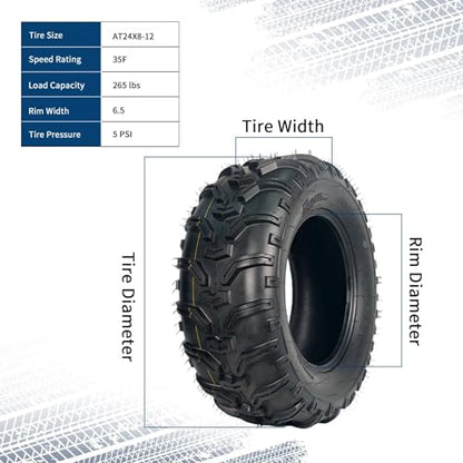 Heavy Duty 6-Ply 24x8x12 ATV/UTV All Terrain Tire Set, Tubeless, 2-Pack – Superior Grip on Mud, Snow, Trail, Dirt & Sand – Fits Quad, Golf Cart – Durable, Puncture-Resistant Replacement