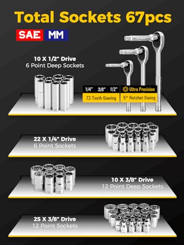 AZUNO 203-Piece Mechanics Tool Set, SAE/Metric, 67 Sockets