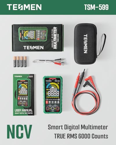 TSM-599 Smart Digital Multimeter, TRMS 6000 Counts, Voltage Tester, Volt Meter with NCV, DC/AC Voltage&Current, Resistance, Continuity, Diode, Capacitance, Hz%, Temperature, Live Wire - Green - size: TSM-599 Auto&Manual Dual Multimeter