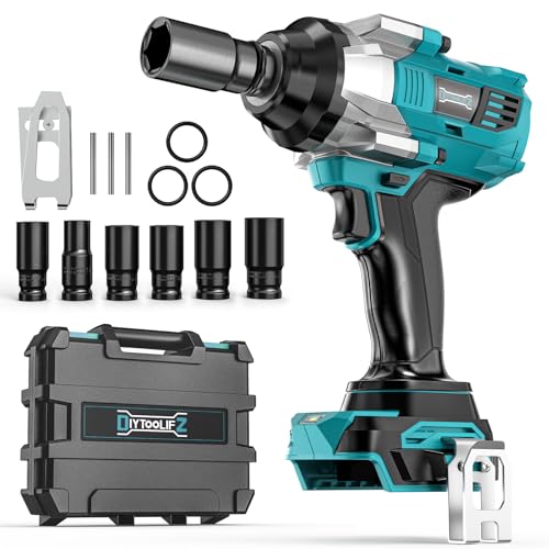 DIYtoolifz Cordless Impact Wrench 1/2 inch for Makita 18v Battery, 900FT-LBS (1200N.m) Brushless Electric Impact Gun, High Torque Power Impact Driver with 6Pcs Sockets & Storage Case (Tool Only) - color: Blue