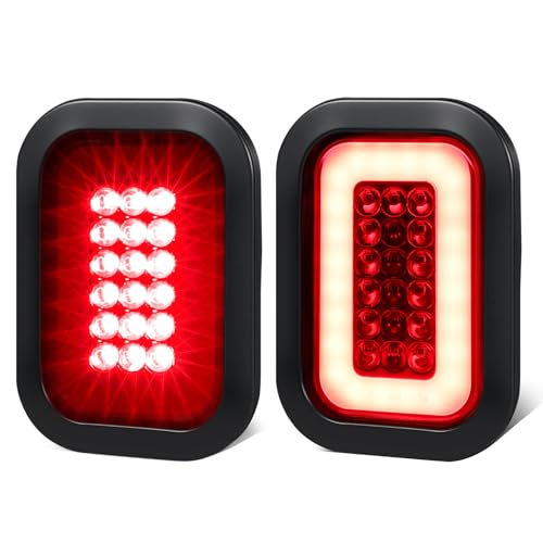 5x3 Rectangle LED Stop Brake Turn Tail Lights Halo LED Red Lens Flatbed Truck Trailer Hitch Tail Lights w/Rubber Grommet 3 Prong Trailer Wire Pigtails Plug 2Pcs