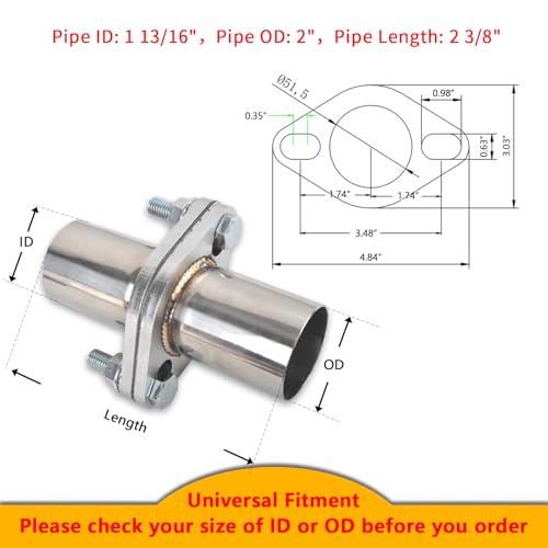 Exhaust Flange Bolts Quick Fix Repair Pipe Kit w/Gasket & Hardware, 2'' Inch OD 2 Bolts T304 Stainless Steel Universal Flange Replacement Kit - size: 2"OD-2 Bolts