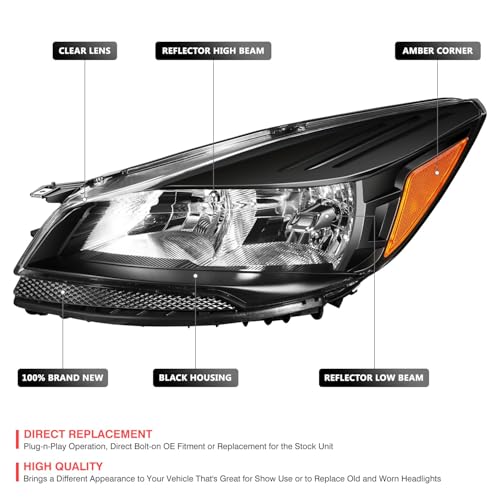 DNA MOTORING Headlight Assembly Compatible With 2013-2016 Ford Escape, Driver & Passenger Side, Black/Amber, HL-OH-FESC13-BK-AM - color: Black amber