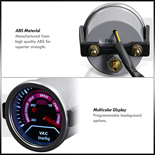 AJP Distributors Performance Racing Universal JDM Sport Smoked Tint Analog Needle 2" INCH 52MM Vac Vacuum Meter Gauge Tacho LED Multicolor Display Indicator Dashboard Monitor Electric Voltmeter Pod