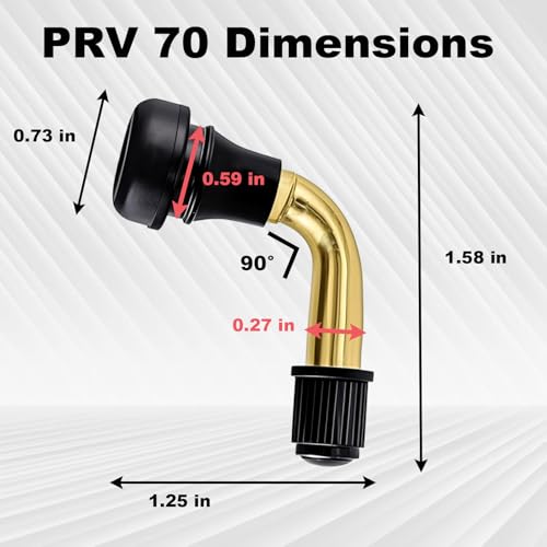PVR70 Tubeless Tire Valve Stem, Tire Valve Curved Bent 90 Degree Angled, Brass Stem, Tire Rubber Nozzle Core Compatible with Tubeless Tire Rim, Motorcycle, Scooter, ATV (Pack of 6)