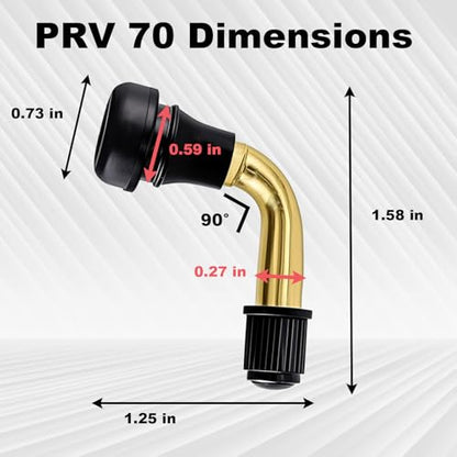 PVR70 Tubeless Tire Valve Stem, Tire Valve Curved Bent 90 Degree Angled, Brass Stem, Tire Rubber Nozzle Core Compatible with Tubeless Tire Rim, Motorcycle, Scooter, ATV (Pack of 6)