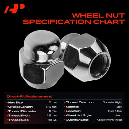 A-Premium Front & Rear M12-1.25 Wheel Lug Nuts, Set of 20 - size: M12x1.25