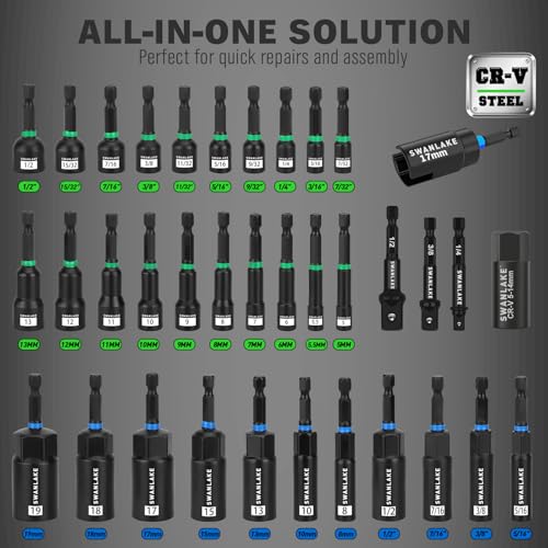 74-Piece Magnetic Nut Driver Set for Impact Drill Metric & SAE, Impact Socket Adapter, Power Bits with Magnetic Holder, Wing Nut Driver, Universal Socket, 1/4'' Quick-change Bit Extension - color: Multi-use Kit Green