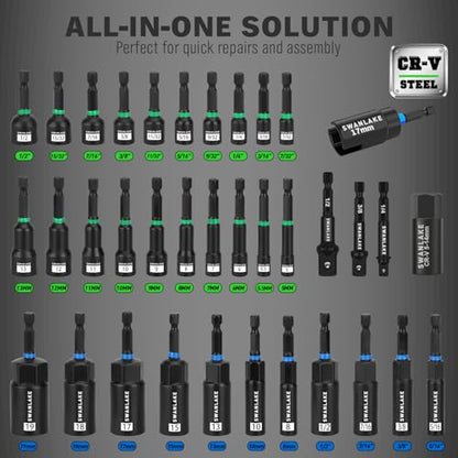 74-Piece Magnetic Nut Driver Set for Impact Drill Metric & SAE, Impact Socket Adapter, Power Bits with Magnetic Holder, Wing Nut Driver, Universal Socket, 1/4'' Quick-change Bit Extension - color: Multi-use Kit Green