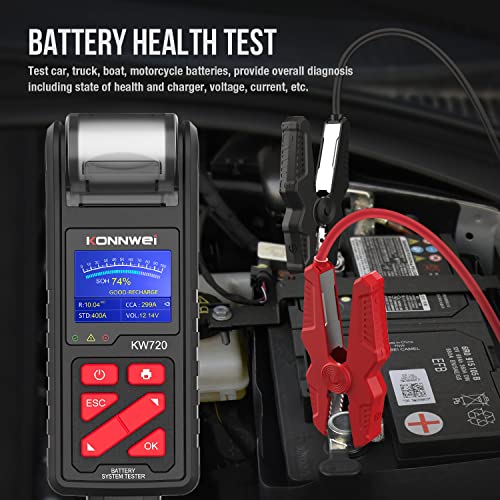KONNWEI KW720 Car Battery Tester 6V 12V 24V W/Printer, Battery Load Tester Automotive 100-2000CCA Digital Auto Battery Analyzer Alternator Starter Tester for Car Truck Motorcycle(Paper Included) - color: KW720