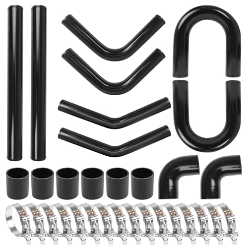 2.5" Universal Aluminum Turbo Intercooler Piping U-Pipe Kit 600mm Aluminum Pipe + 8 Elbow Hose+ 16 Clamps Kit 8PCS - Black - color: Black, size: 2.5"-60cm