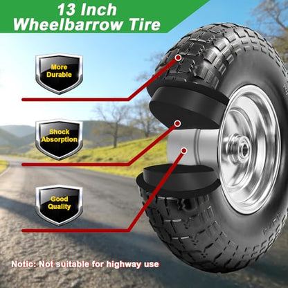 4.00-6 Flat Free Wheelbarrow Tire, 13" Wheelbarrow Wheels and Tires with 5/8" or 3/4" Bearings, 1.75" Centered Hub for Garden Carts, Hand Truck Replacement Wheel(2 PCS) - size: 2 PCS