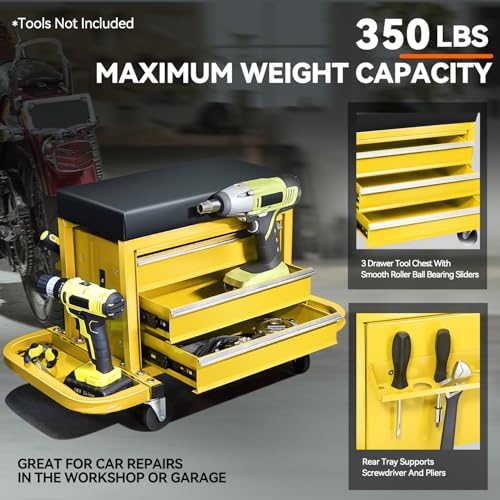 PM PERFORMOTOR 3-Drawer Tool Chest Rolling Mechanic Seat with Tool Trays,350lbs Max Weight Capacity, Yellow,PM-TOL-RST1-YL - color: Yellow