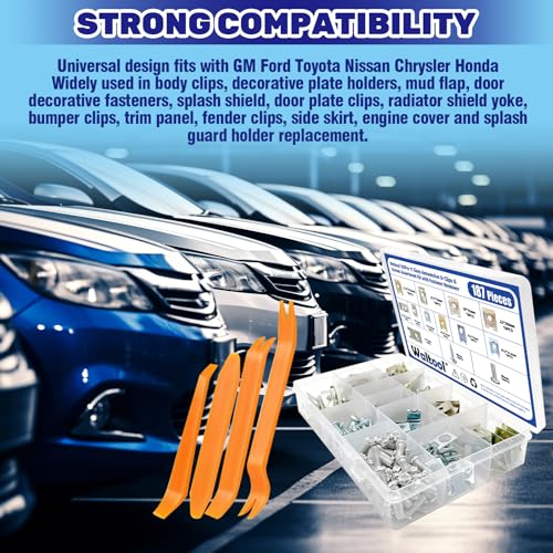 187Pcs 11 Sizes Automotive U-Clips & Screws Assortment Kit with Trim Remover, Clip-On U Clips Fasteners for Bumper Dash Interior Trim Door Body Panel