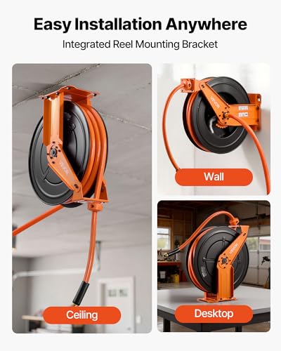 VEVOR Retractable Air Hose Reel, 3/4 Inch x 50 FT PVC Air Hose Max 300PSI, Auto Rewind Air-Compressor Hoses Reel with 5 ft Lead in, Ceiling/Wall Mount Heavy Duty Steel Double Arm - size: 3/4 in x 50 ft