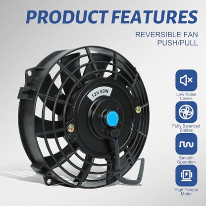 7 inch 12V Universal Slim Pull Push Electric Radiator Cooling Fan with Mounting Kit Black - size: 7"