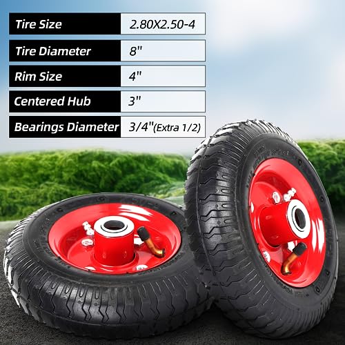 AR-PRO (2-Pack) 2.80/2.50-4" Tire and Wheel Set - 8 Inch Wheelbarrow Tire and Wheel Replacement with 3/4" Bearings and 3" Centered Hub - Extra Adapter kit includes 1/2" Bearings - color: Red, size: 2.80/2.50-4", 8 Inch
