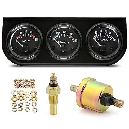 ARTILAURA 52mm Triple Gauge Set (Oil Pressure + Water Temp + Voltmeter) 3 in1 Auto 3 Gauge Cluster kit Dashboard with Black Console for 12V Cars - color: Black
