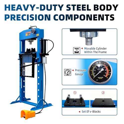 30 Ton Capacity Hydraulic Shop Press, Heavy Duty Pressing,Protective Grid Guard Fully Welded H-Frame, Air & Manual Dual Operation
