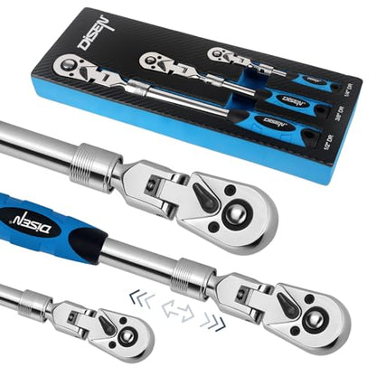DISEN 3-Piece Extendable Flex-Head Ratchet Wrench Set with EVA Storage Case - 1/4", 3/8", 1/2" Drive, 72-Tooth, Rubber Grip, Adjustable Length - Professional Automotive and DIY Tools - color: Extendable Flex-head Ratchet