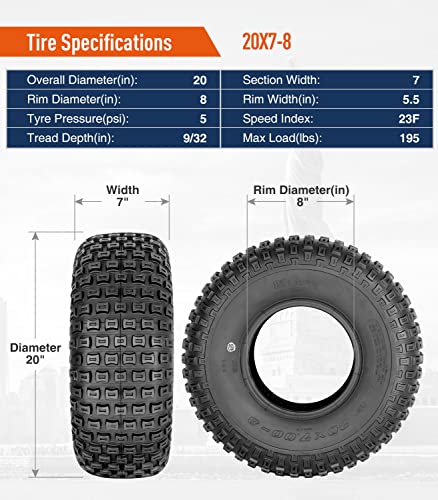 HALBERD 20x7-8 ATV Tires, Sport Quad 20x7x8 All Terrain 20x7x8 UTV ATV Tires 4PR Fits 8’’ Rims, Tubeless, Set of 2