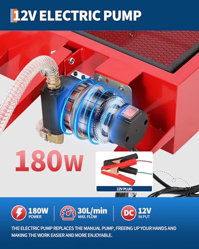 20 Gallon Low Profile Oil Drain Pan with 12V Electric Pump, Large Capacity Rolling Oil Change Tank, 8.2ft Discharge Hose & Folding Handle for Trucks, Buses, RVs and Cars - color: Red, size: 20 Gallon with 12V Electric Pump