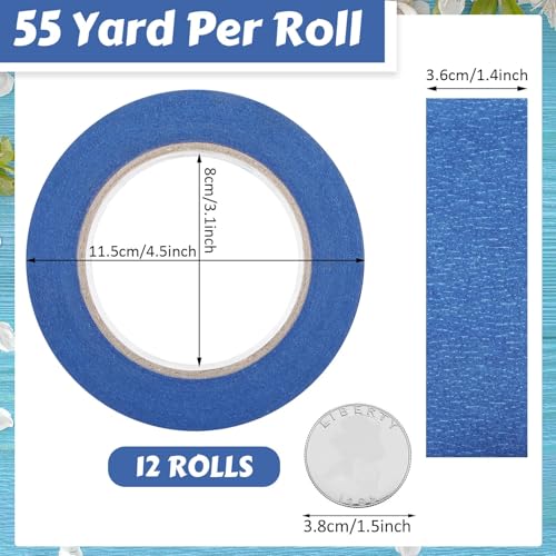 Fainne 12 Rolls Blue Painters Paint Masking Tape, Blue, 1.4 Inch X 55 Yards - size: 1.4 Inch x 55 Yards