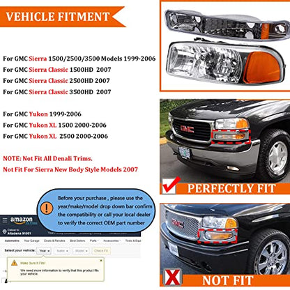 Front Headlight Lamp with Bumper Lights Set (Left + Right) Compatible with 99-07 GMC Sierra 1500 2500 3500/00-06 Yukon, Chrome Housing Amber Reflector Headlights - color: Chrome Amber