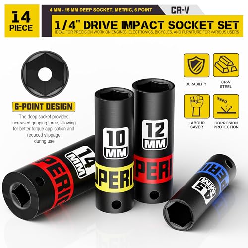 14 Piece 1/4" Drive Impact Socket Set, 4 mm - 15 mm Deep Socket, Metric, 6 Point, CR-V, Auto Repair Bicycle Maintenance and Furniture Assembly - size: 1/4" Deep Metric