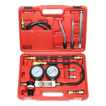 JIFETOR Cylinder Leak Down Tester 10PC Kit Professional Dual Pressure Gauge - color: Red Case